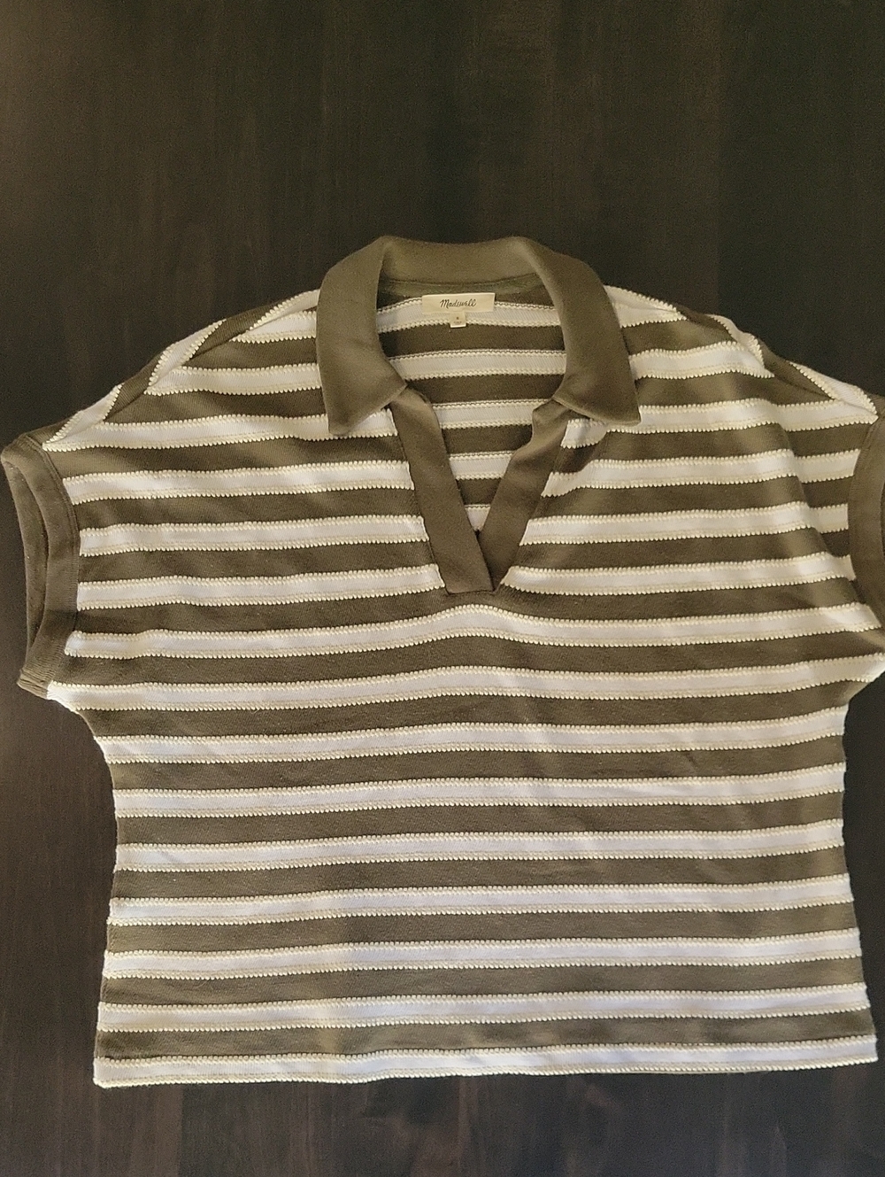 Madewell Striped Relaxed V-Neck Polo Knit Top Ivy Olive Green White Small EUC